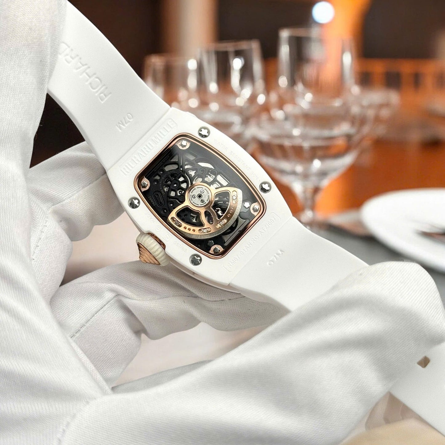 Richard Mille RM07 Super Clone Watches White Ceramic Rubber Strap Automatic Movement 36mm