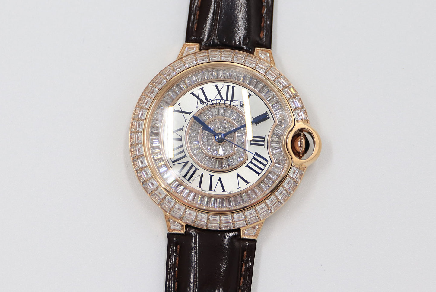 Cartier Blue Balloon Square Diamonds Full Sky Watch-Roman Numerals-Rose Gold-Leather-42mm(1:1 replica)