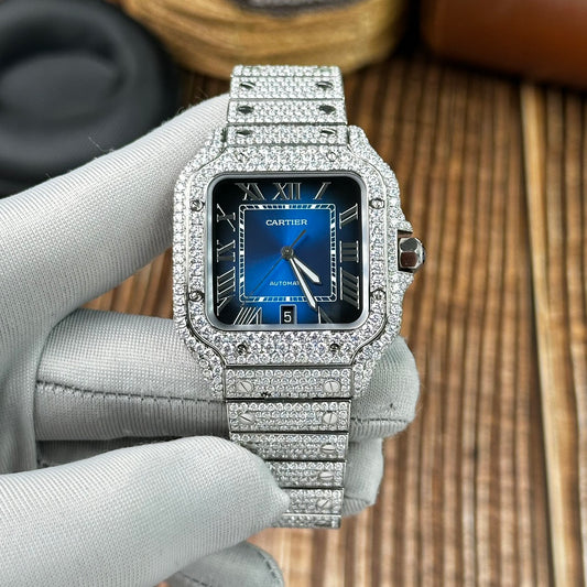 Cartier Replica Watch Santos Full Diamond Moissanite Blue Dial 39.8mm