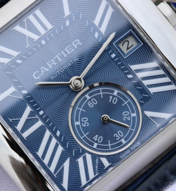 Replica Cartier Tank MC SS Blue Textured Dial Blue Leather Strap