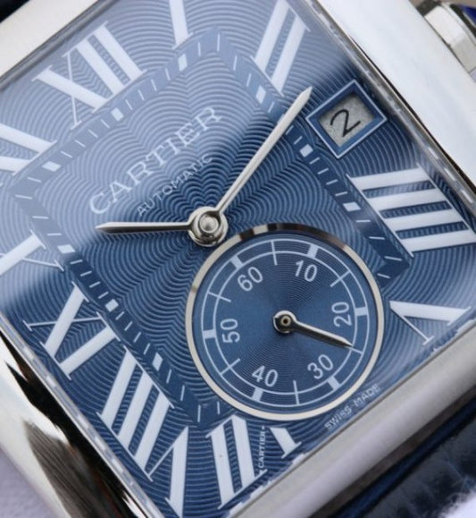 Replica Cartier Tank MC SS Blue Textured Dial Blue Leather Strap