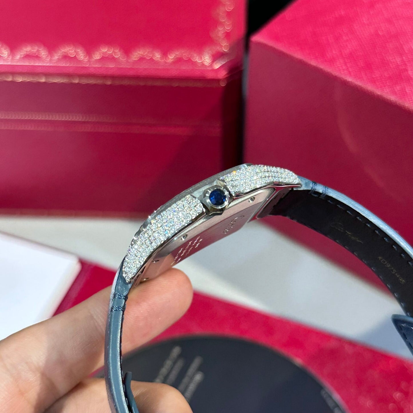 Cartier Santos Replica Watch Blue Dial Custom Moissanite Diamonds 39.8mm