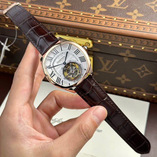 Cartier Drive Tourbillon Replica Watch Dial Guiloche Motif Leather Strap 41mm
