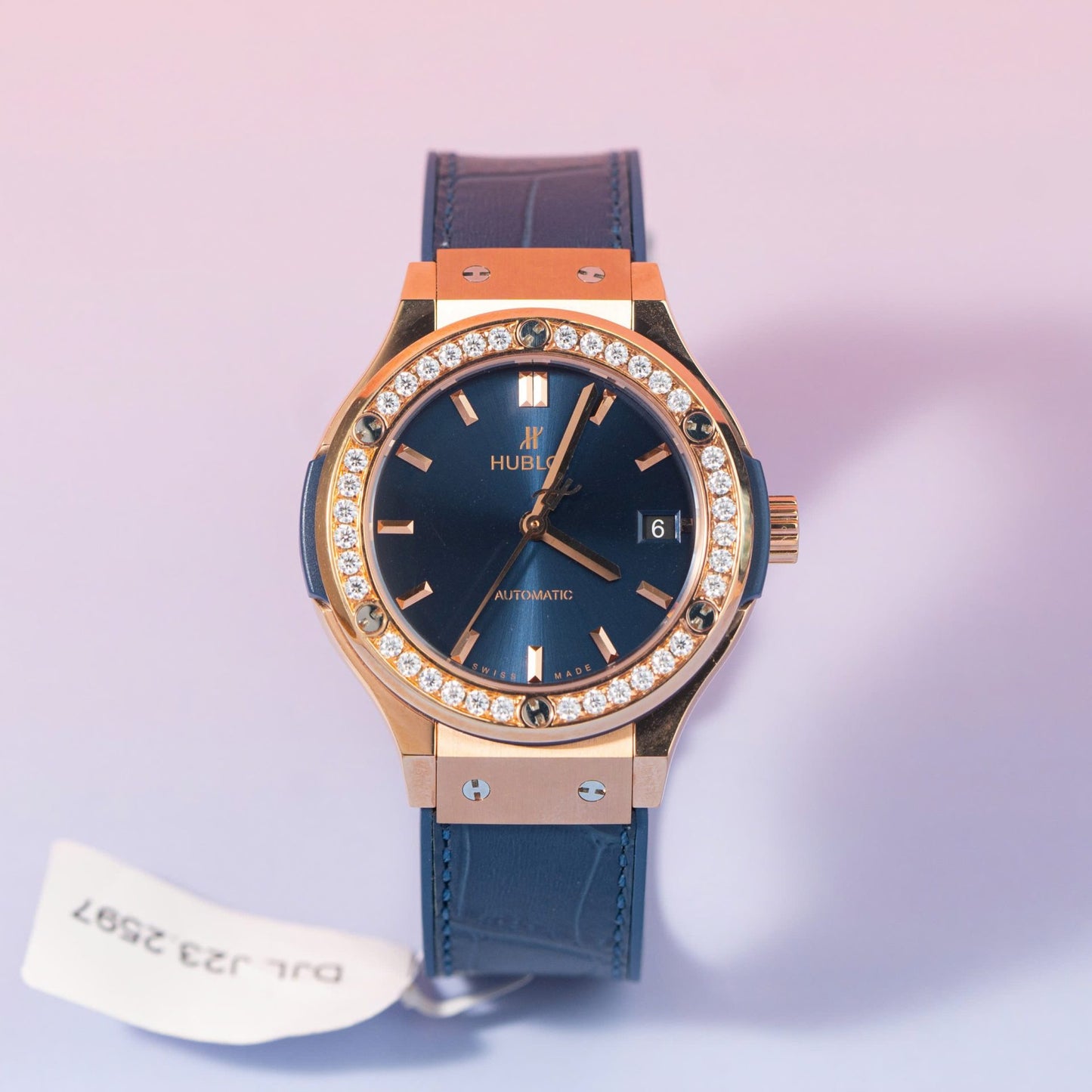 Hublot Replica Watch Classic Fusion King Gold Blue Dial Moissanite Diamond Bezel 38mm