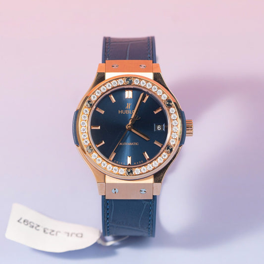 Hublot Replica Watch Classic Fusion King Gold Blue Dial Moissanite Diamond Bezel 38mm