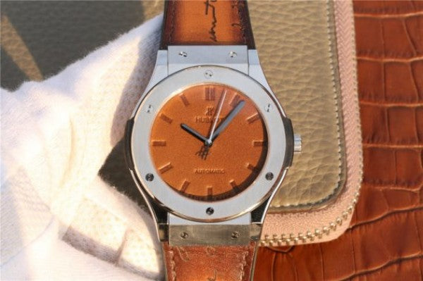 Replica Hublot Classic Fusion 45mm SS Berluti Scritto Brown Leather Dial Gummy Strap A2892