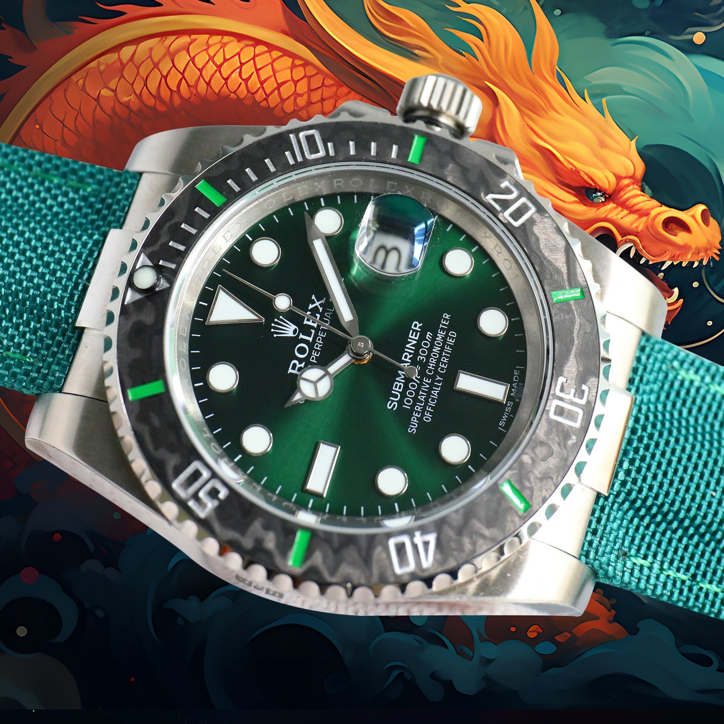 ROLEX Year of the Dragon Auspicious ?? ?? Submariner Carbon Fiber Bezel - Velcro Strap - Green(1:1 replica)