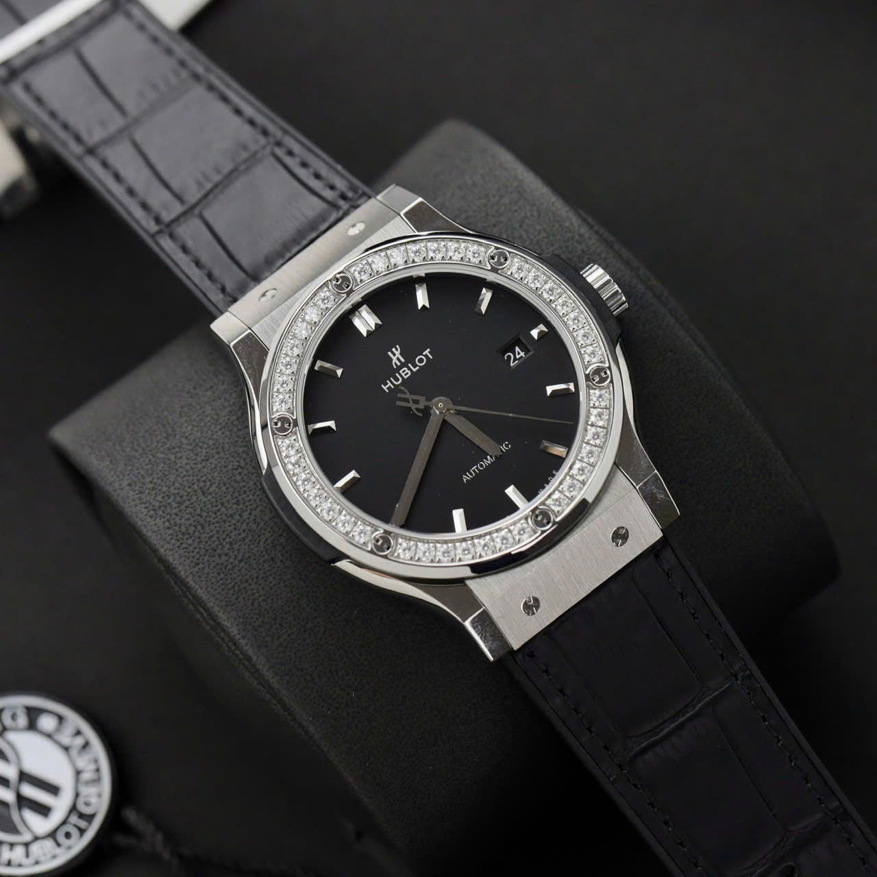 Hublot Classic Fusion Titanium Replica Watch Black Dial Custom Moissanite Diamonds 42mm
