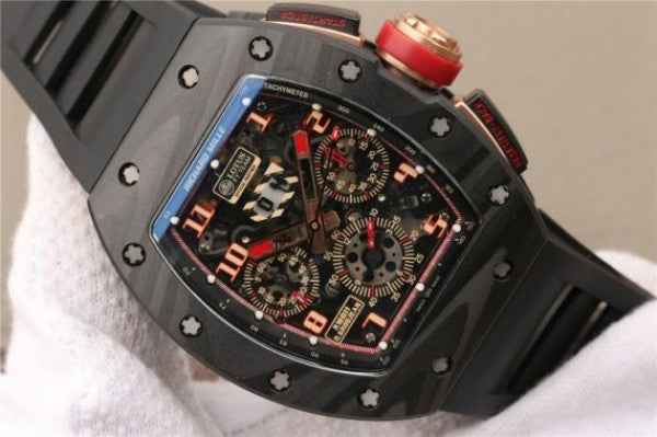 Replica Richard Mille RM011 NTPT Lotus F1 Team PVD Chronograph KVF Crystal Skeleton Dial Red Black Rubber Strap A7750