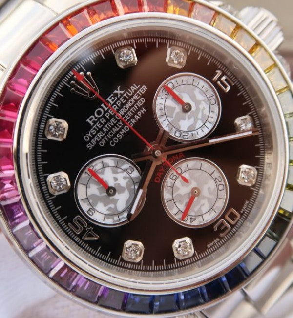 Replica Rolex Daytona 116599 Colorful Crystal Bezel Black Dial SS Bracelet A7750