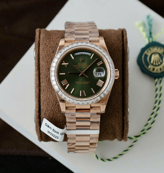 Rolex Day-Date Geen Dial Copies Watches Gold Wrapped + Diamonds Moissanite Baguette 40mm