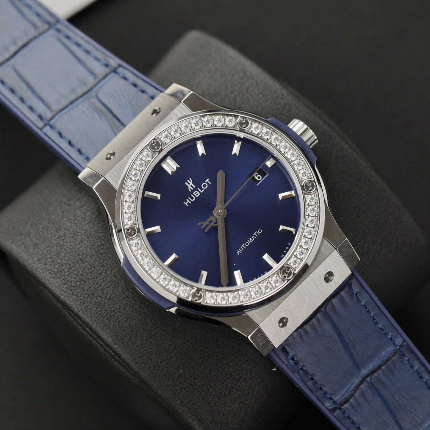 Hublot Classic Fusion Titanium Replica Watches Blue Dial Custom Moissanite Diamonds 42mm