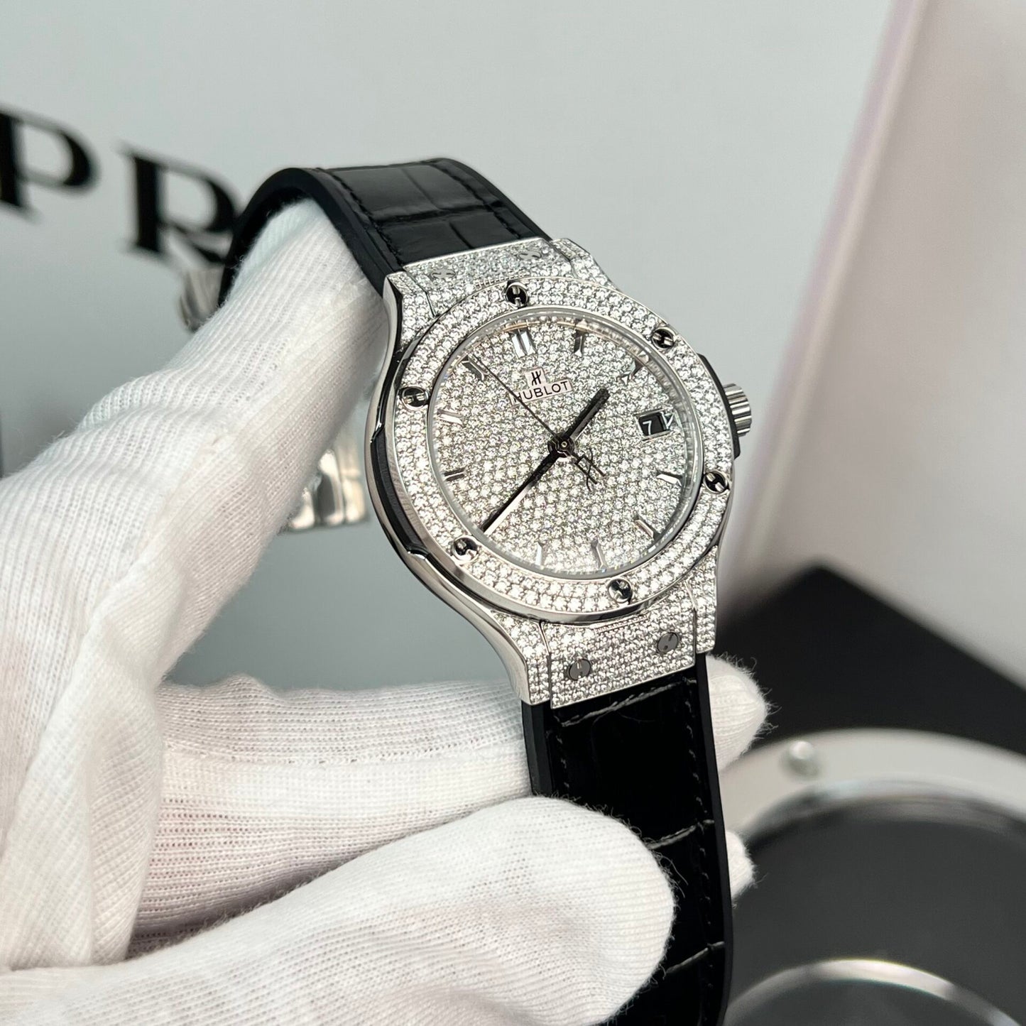 Hublot Classic Fusion Replica Watch With Full Moissanite Black HBF 38mm