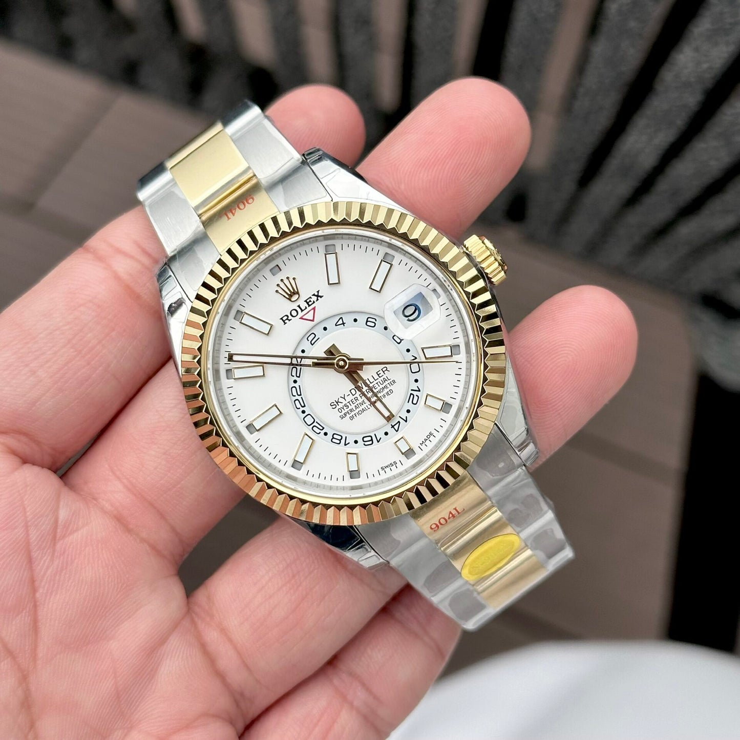 Rolex Sky-Dweller Replica Watch White Dial Demi Oyster Strap Factory N 41mm