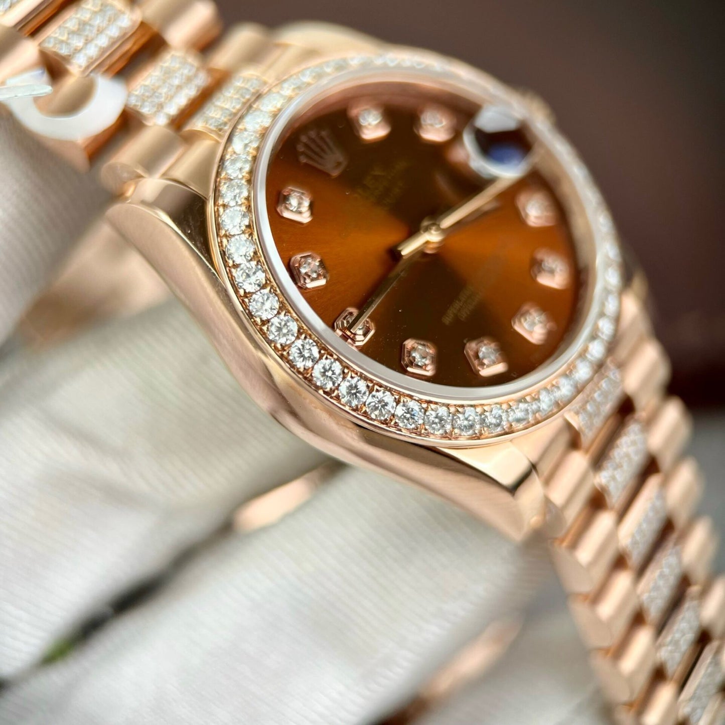 Rolex DateJust Gold Wrapped Moissanite Replica Watch With Chocolate Dial 31mm