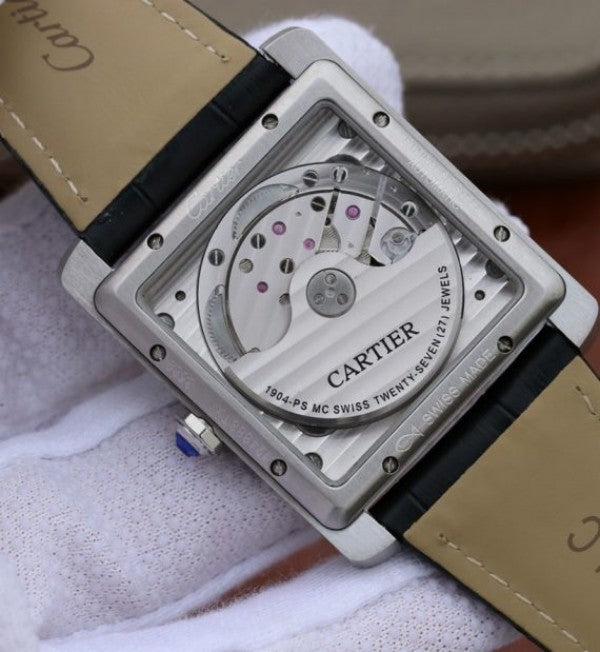 Replica Cartier Tank MC SS Textured White Dial Black Leather Strap