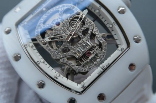 Replica Richard Mille RM052 White Ceramic Diamonds Skull Dial White Rubber Strap MIYOTA8215