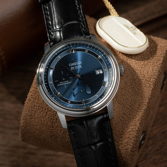 Omega De Ville Prestige Power Reserve Replica Watch Dial Blue Leather Strap 39.5mm