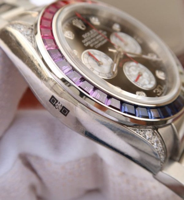 Replica Rolex Daytona 116599 Colorful Crystal Bezel Black Dial SS Bracelet A7750