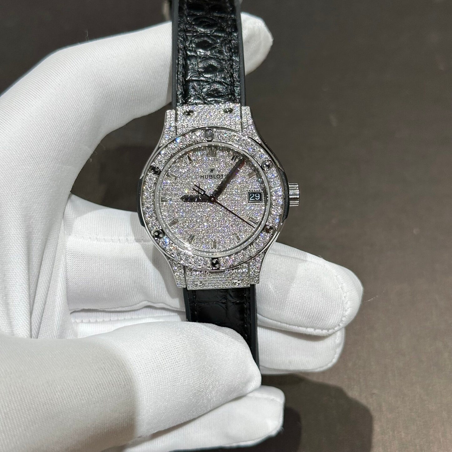 Hublot Classic Fusion Replica Watch With Full Moissanite Diamonds 33mm