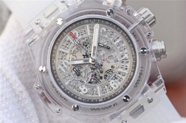 Replica Hublot Big Bang Unico Sapphire Plastic Case Skeleton Dial White Rubber Strap Jap Quartz