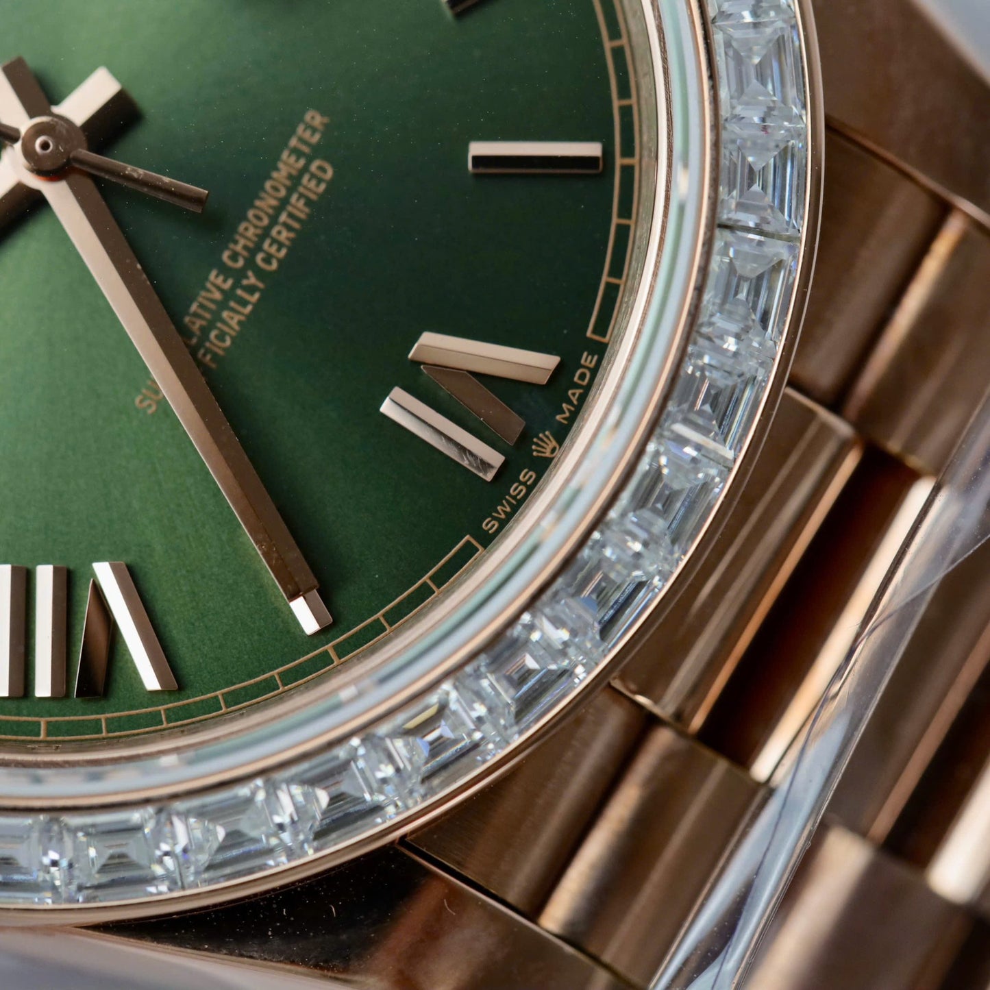 Rolex Day-Date Geen Dial Copies Watches Gold Wrapped + Diamonds Moissanite Baguette 40mm