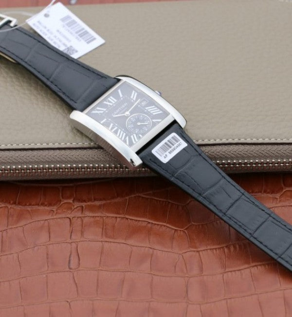 Replica Cartier Tank MC SS Black Textured Dial Black Leather Strap