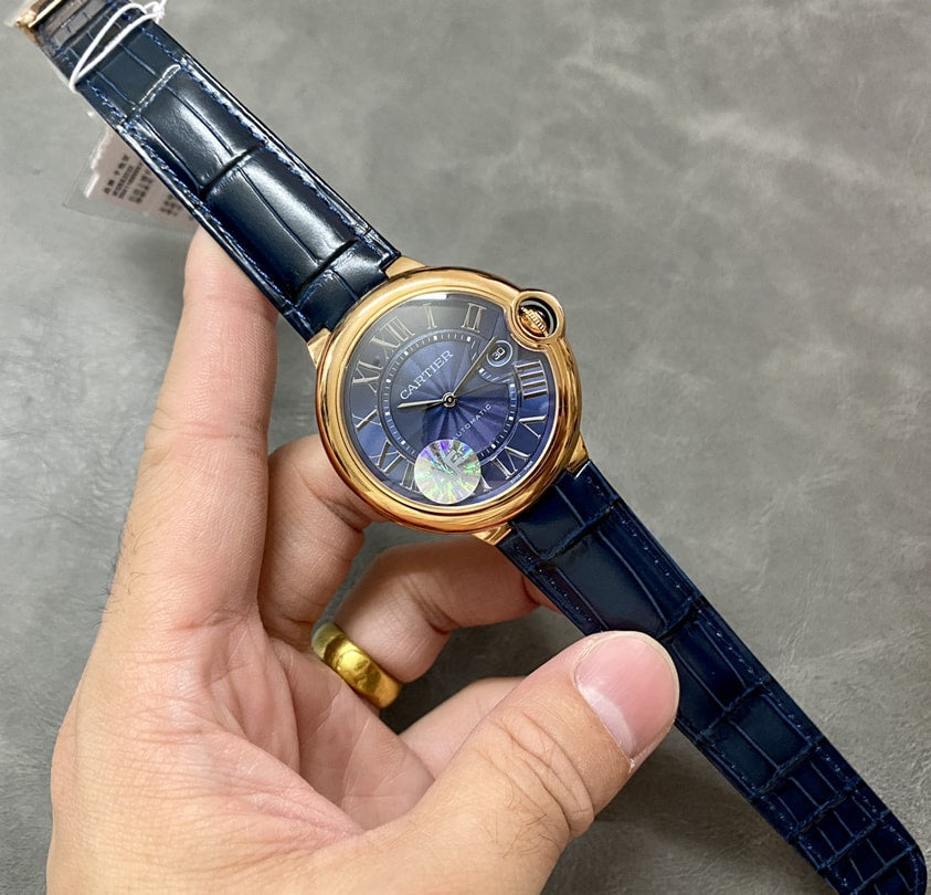 Ballon Bleu De Fake Cartier Watch Rose Gold 42mm Blue Dial Leather Strap WGBB0036 AF(1:1 replica)