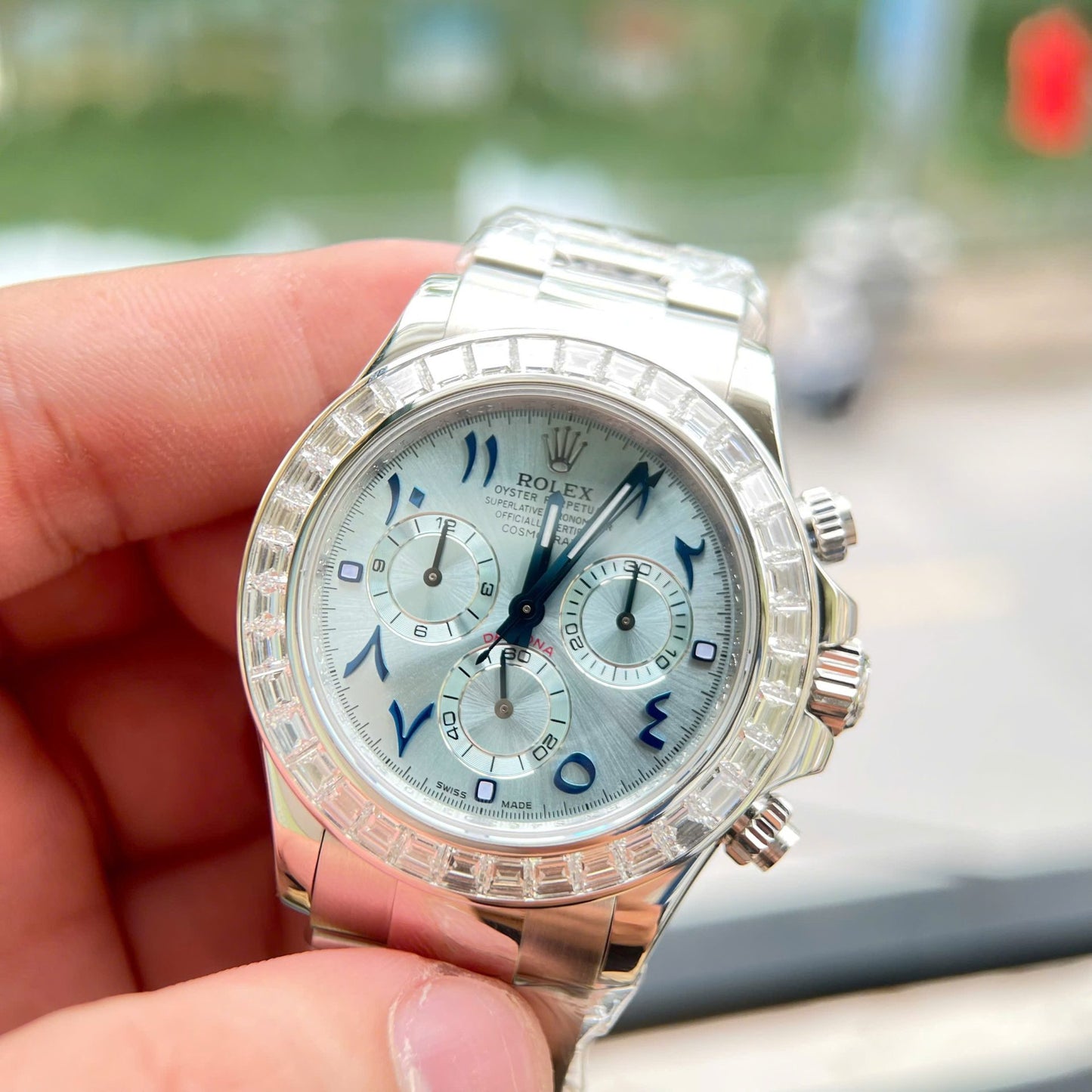 Rolex Daytona Best Replica Watch Custom Solid White Gold + Diamonds Baguette Hong Kong 40mm