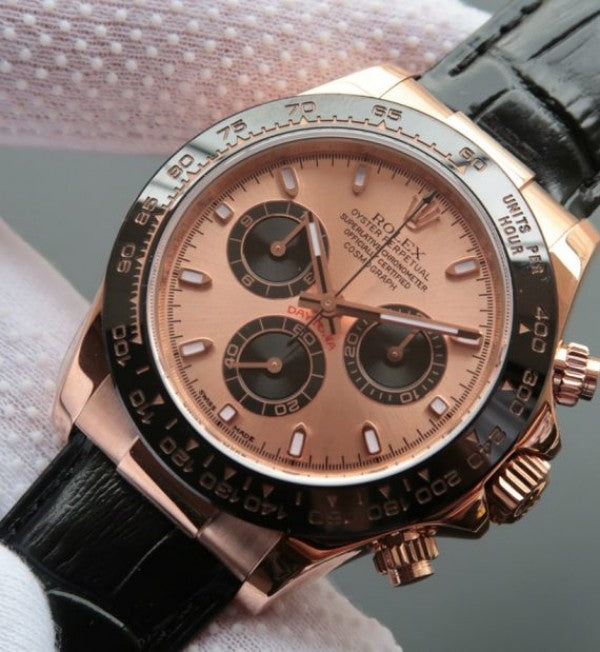 Replica Rolex Daytona 116515 N RG/Black Dial Black Leather Strap A7750