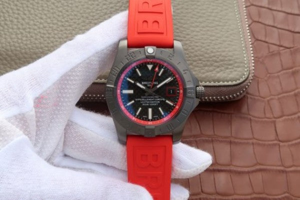 Replica Breitling Avenger GMT PVD GF Carbon Fiber Dial Red Rubber Strap A2836
