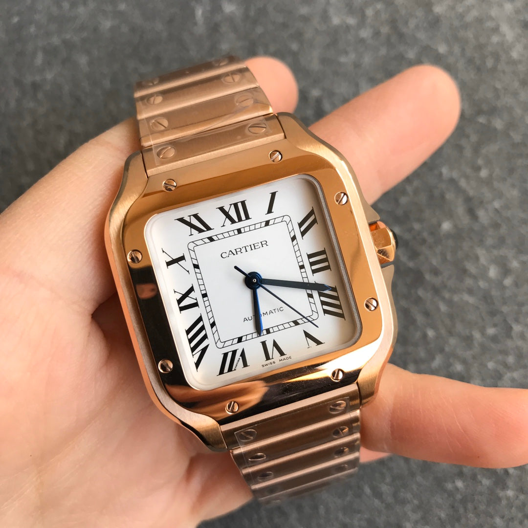 Fake cartier watch Santos large model mechanical movement Silver Dial Rose Gold WGSA0018(1:1 replica)