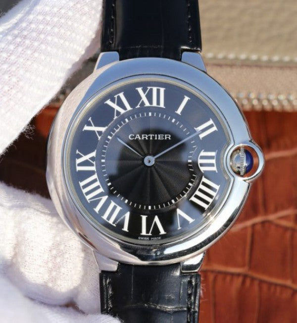 Replica Cartier TWF Ballon Bleu 46mm Black Textured Dial Leather Strap MIYOTA9015