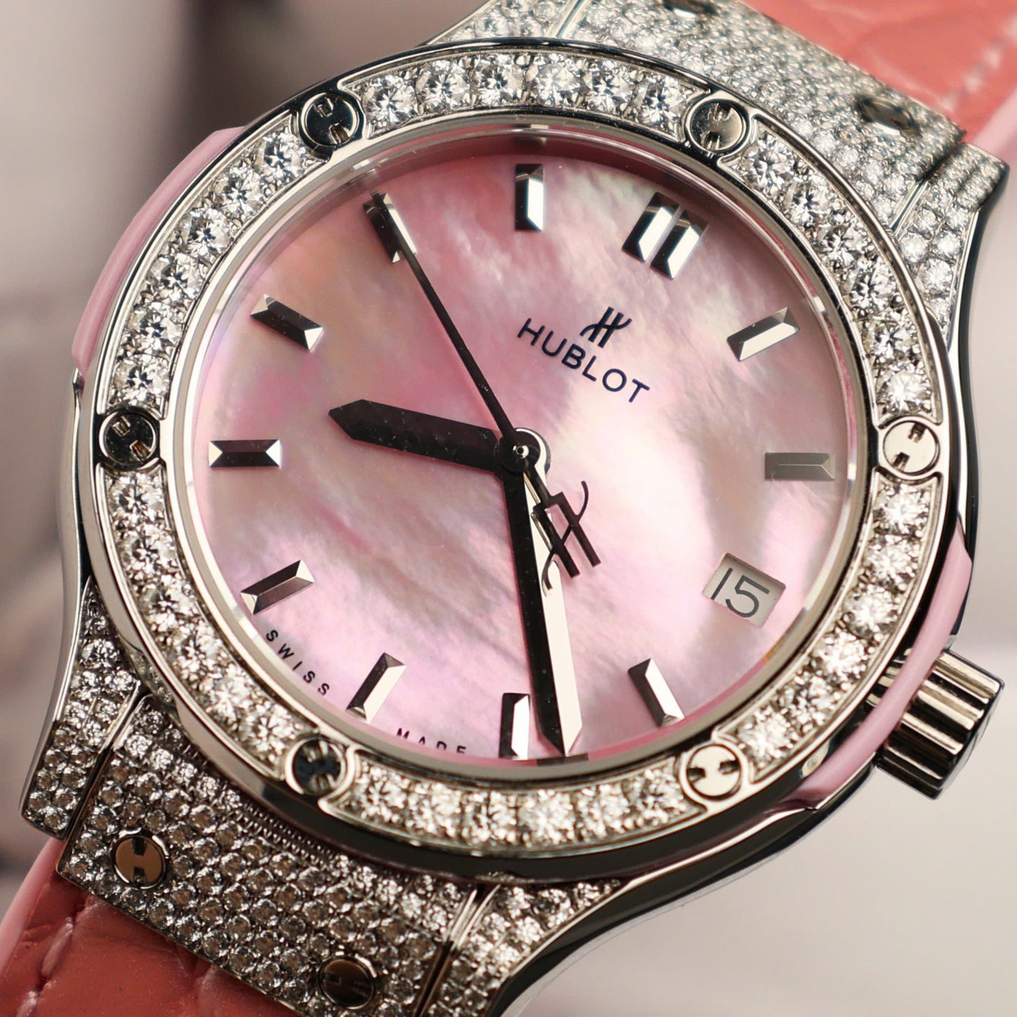 Hublot Classic Fusion Replica Watch Mother Of Pearl Dial + Moissanite Diamonds 33mm
