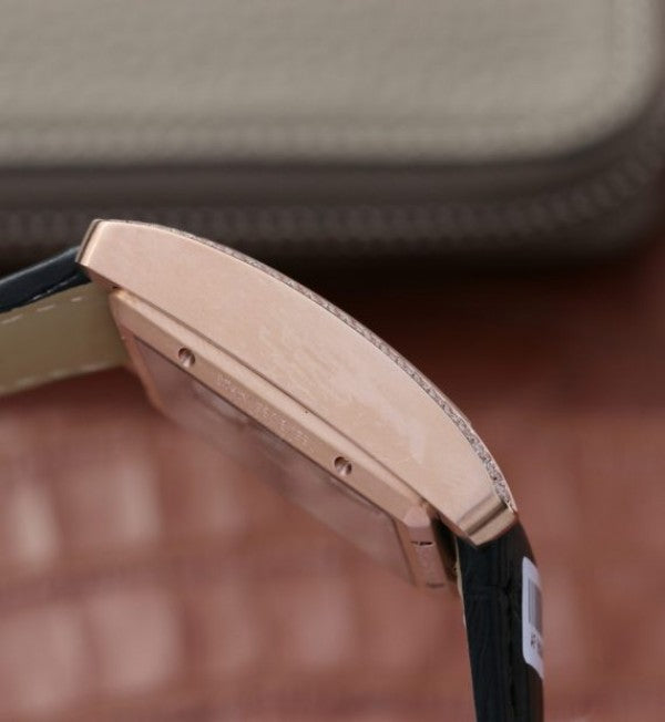 Replica Cartier Tank MC RG Black Textured Dial Diamonds Bezel Leather Strap