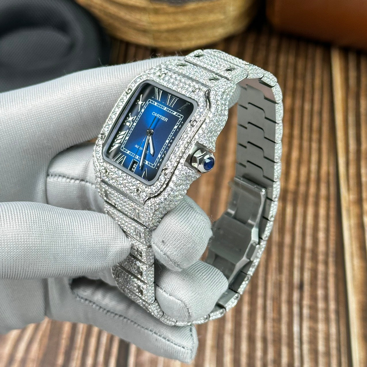 Cartier Replica Watch Santos Full Diamond Moissanite Blue Dial 39.8mm