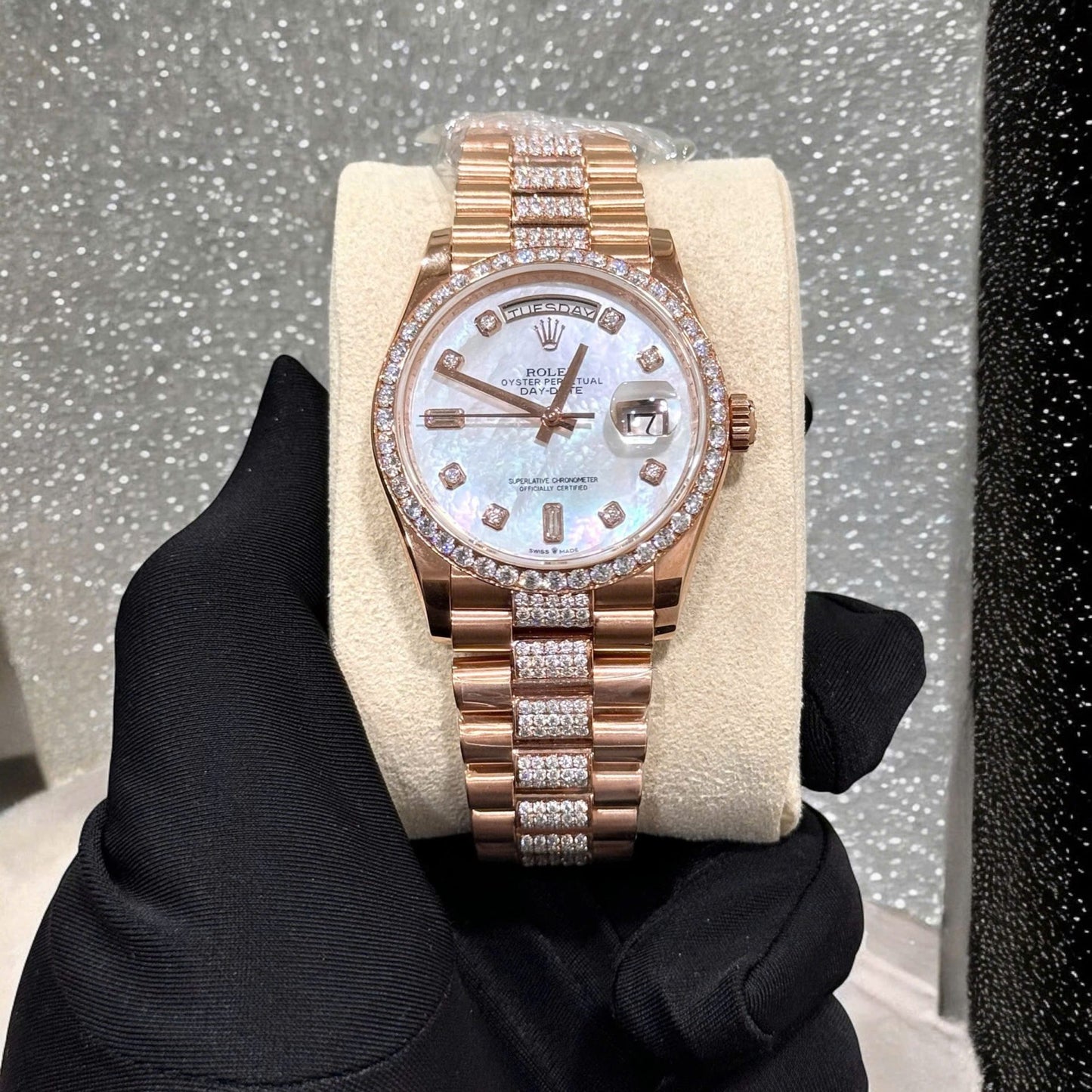 Rolex Day-Date Replica Watch Gold Wrapped Moissanite Diamonds Hong Kong 36mm