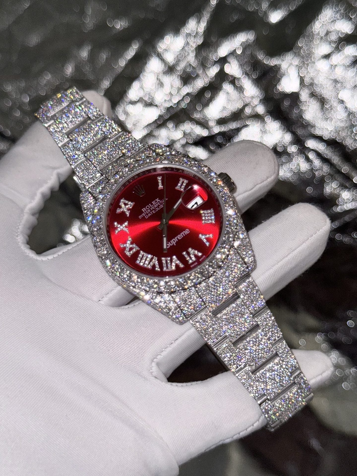 Rolex Best Replica Watch DateJust Supreme Custom Moissanite Diamonds Red Dial 41mm