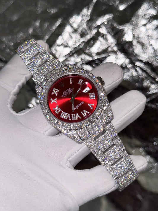 Rolex Best Replica Watch DateJust Supreme Custom Moissanite Diamonds Red Dial 41mm