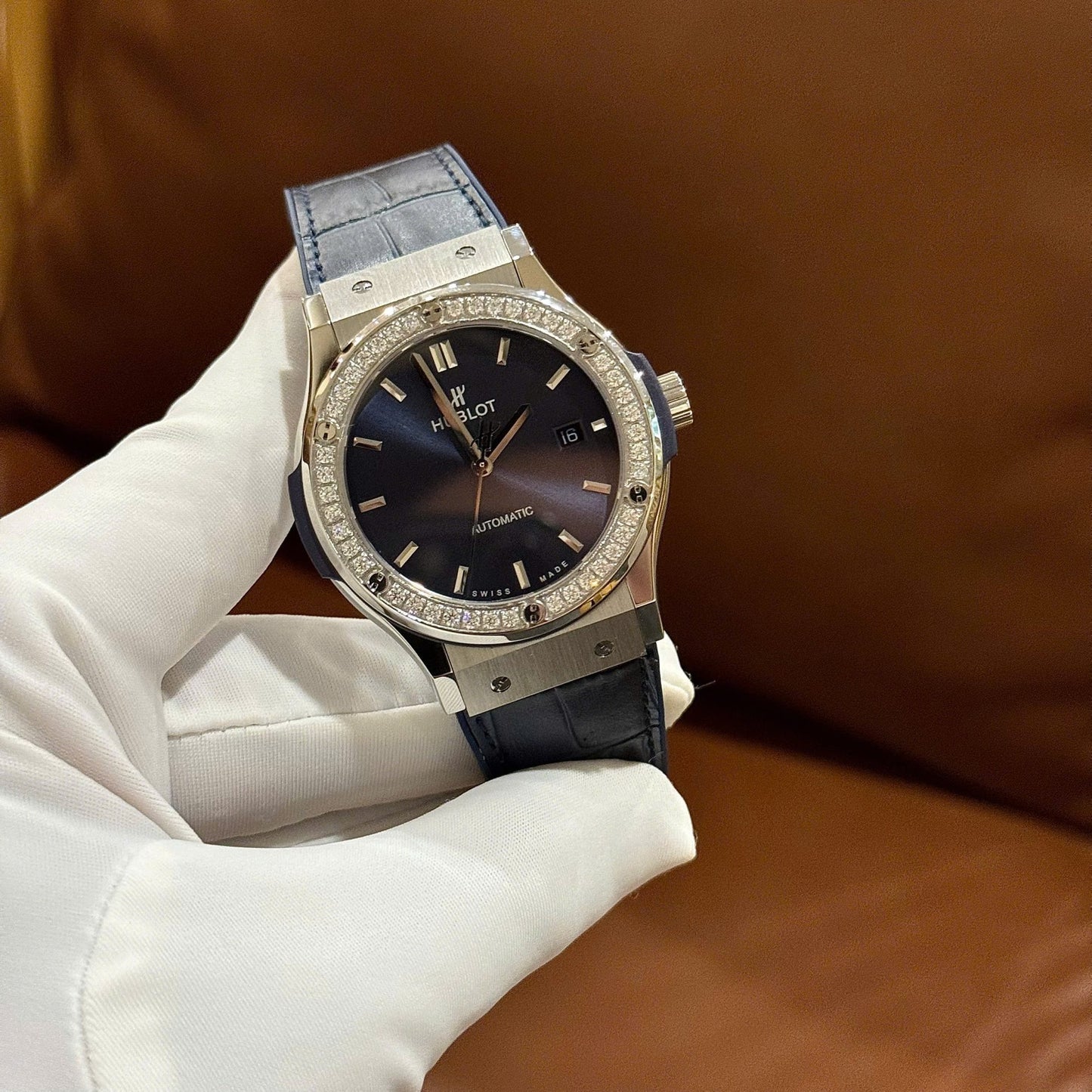 Hublot Classic Fusion Fake Watch Men Blue Dial Bezel Stone CZ HB Factory 42mm