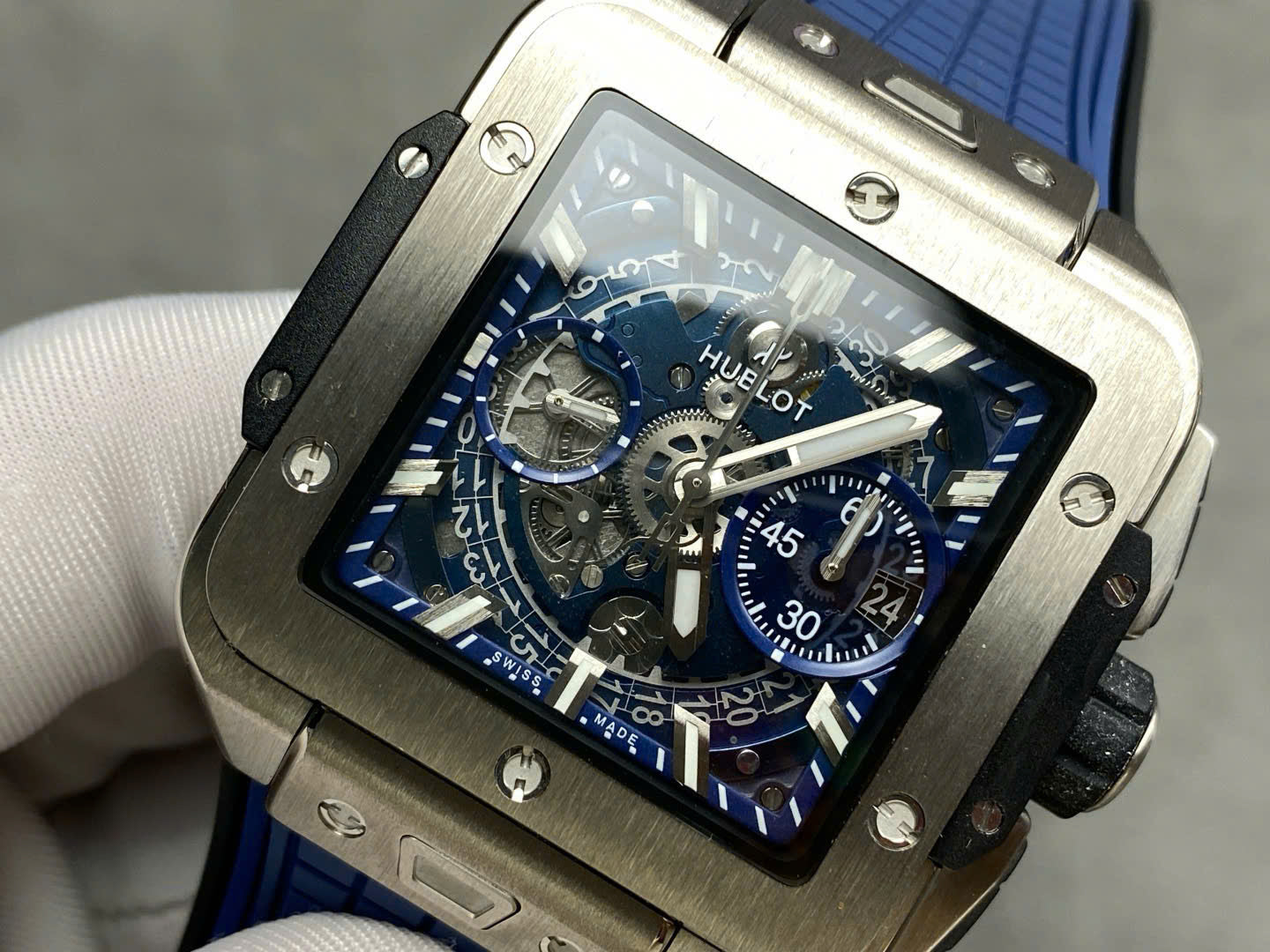 Hublo Square Bang Unico Titanium Replica Watches Blue Rubber Strap BBF Factory 42mm