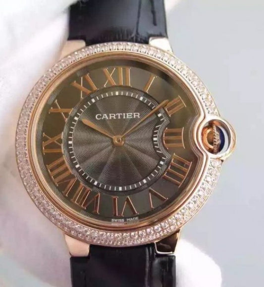 Replica Cartier Ballon Bleu 40mm RG Diamonds Bezel Black Dial Leather Strap MIYOTA9015