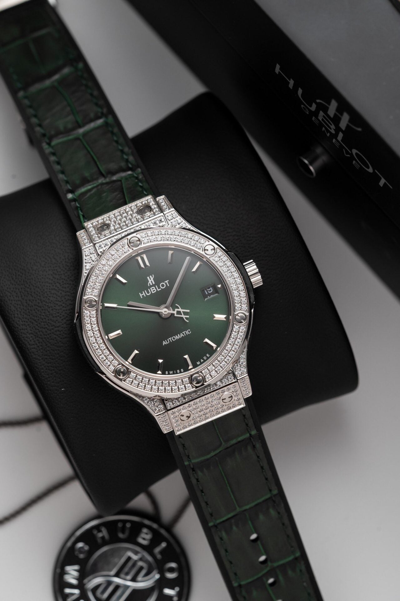Hublot Classic Fusion Titanium Green Full Diamond Replica Watch 38mm
