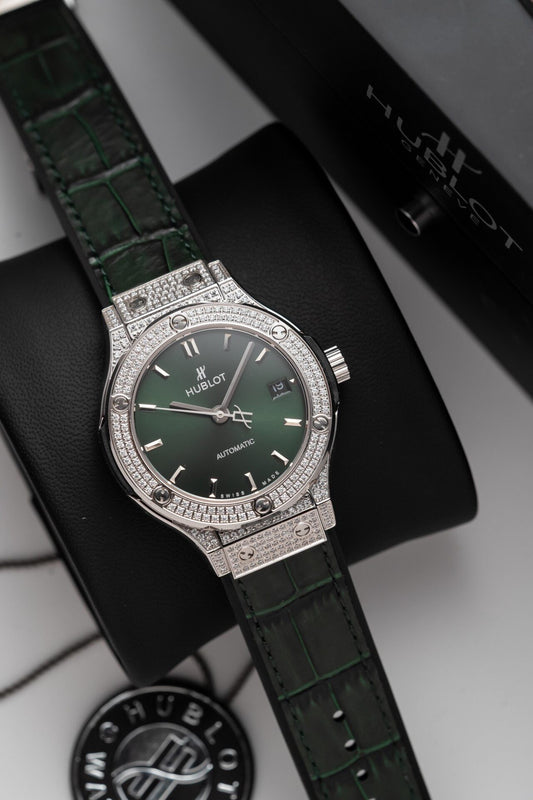Hublot Classic Fusion Titanium Green Full Diamond Replica Watch 38mm