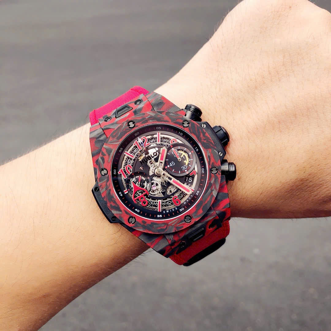 Hublot Big Bang Unico Red Carbon Replica Watches Best Quality Fabric Strap 45mm