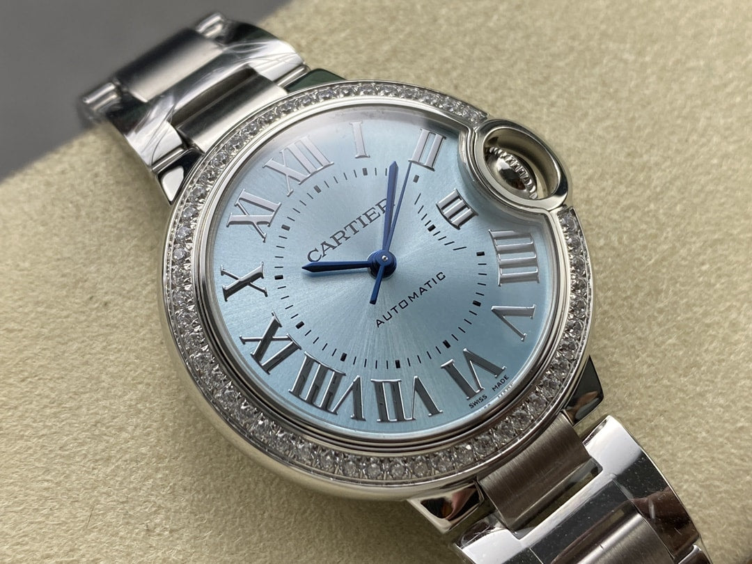 Ballon Bleu de Fake Cartier Watch Steel Diamond Bezel 33mm Blue Silver Dial W4BB0028(1:1 replica)