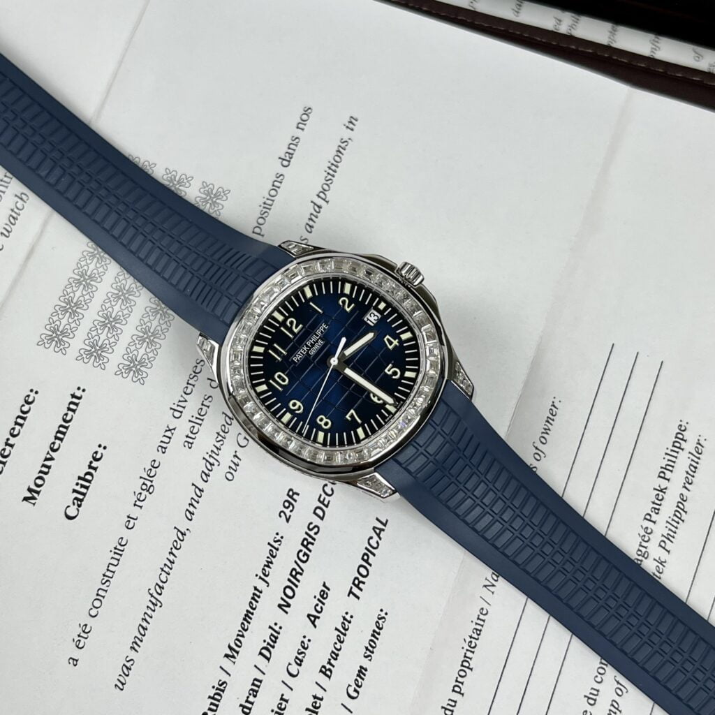 Patek Philippe Replica Watch Aquanaut 5168G Custom Moissanite Baguette Diamonds Blue Dial 42.2mm