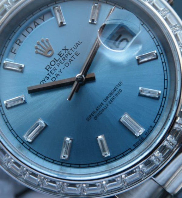 Replica Rolex Day-Date SS Diamonds Bezel Ice Blue Dial Crystal Markers SS Bracelet A3255