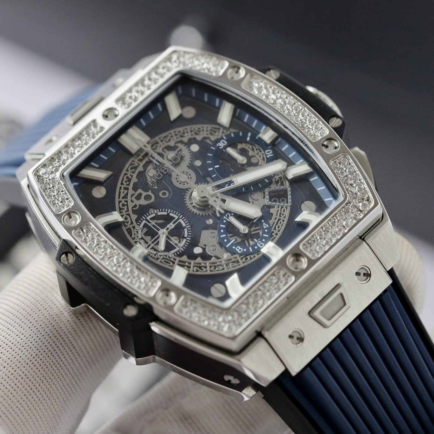 Hublot Spirit Of Big Bang Titanium Dial Blue Custom Moissanite Diamonds Hong Kong 42mm