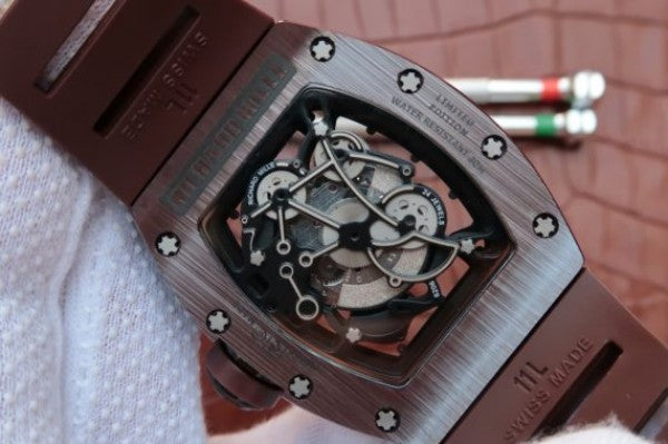 Replica Richard Mille RM055 Brown Ceramic Brown Inner Bezel Skeleton Dial Brown Rubber Strap MIYOTA8215